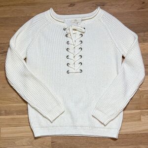 Entro Cream Lace-Up Crew Neck Long Sleeve Knit Sweater Women’s S